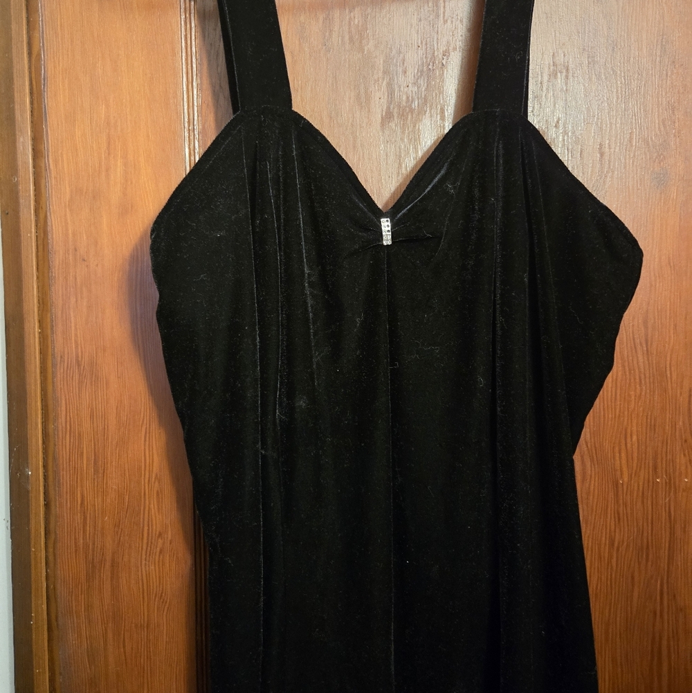 Black Velvet - Floor Length Evening Dress with Rhinestone Accent